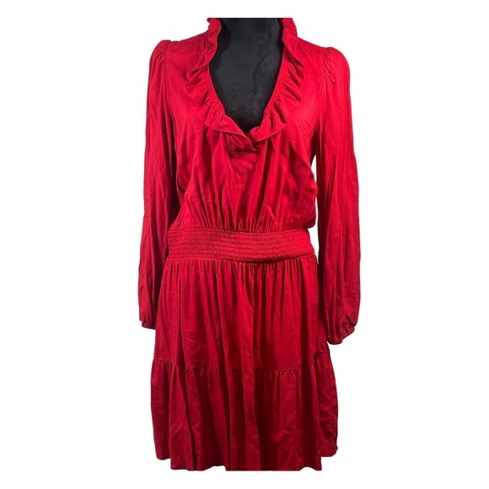 Crown  Ivy Red Ruffle Neck Smocked Waist Tiered Dress L romantic tiered feminine